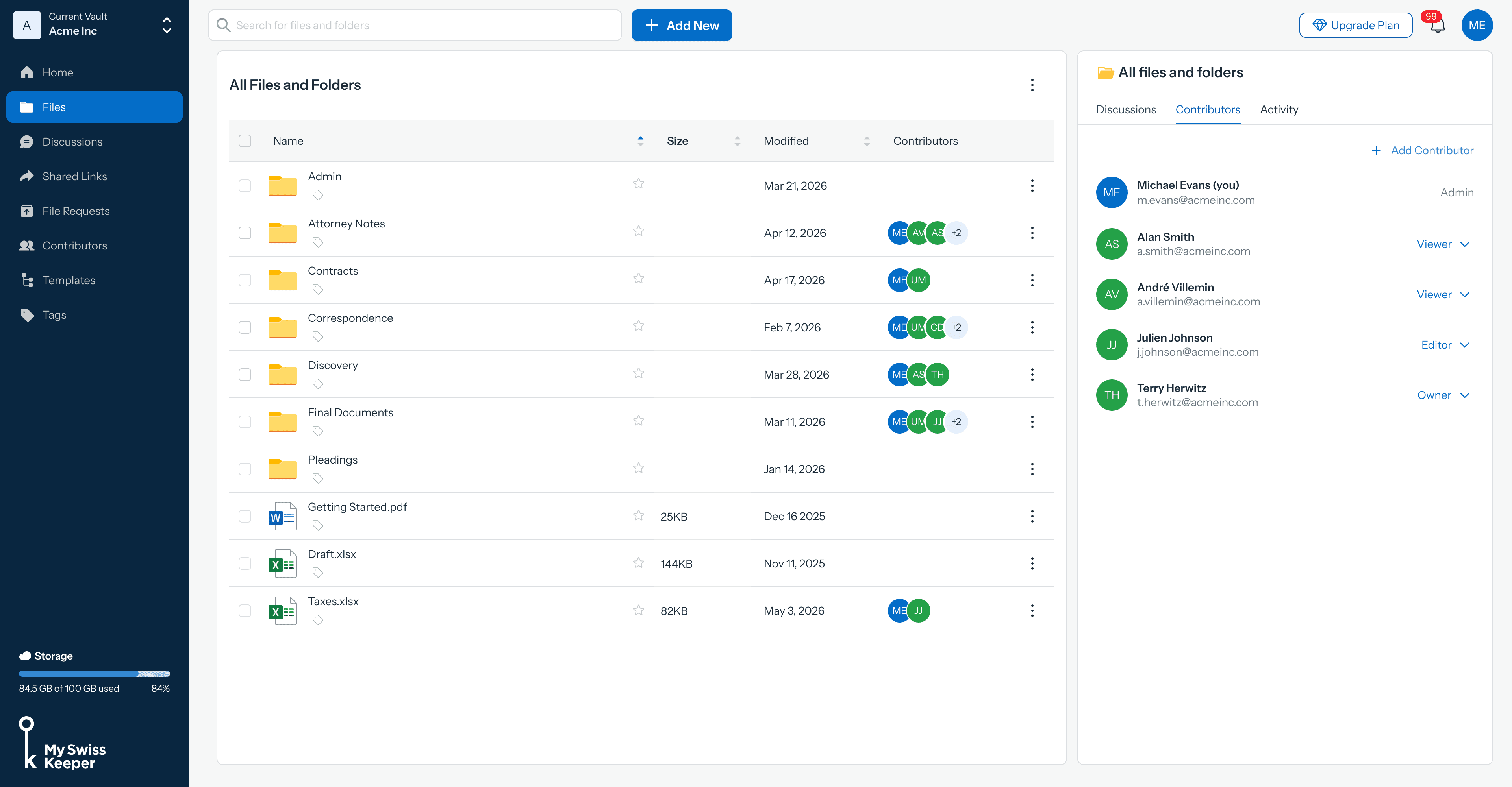 My Swiss Keeper dashboard — vault, files, contributors and activity