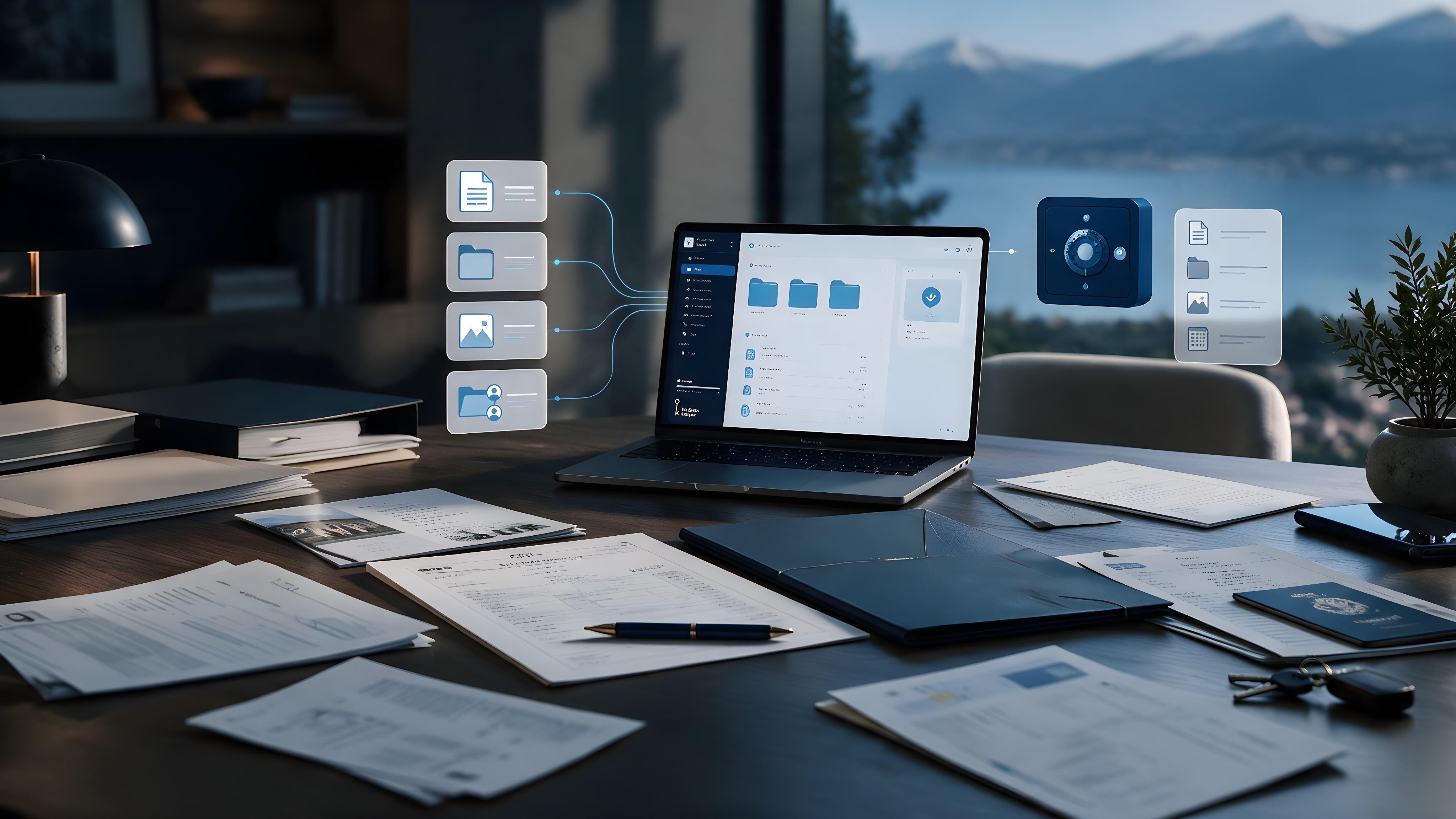 A laptop on a desk, with everyday files on one side and a secure vault on the other.