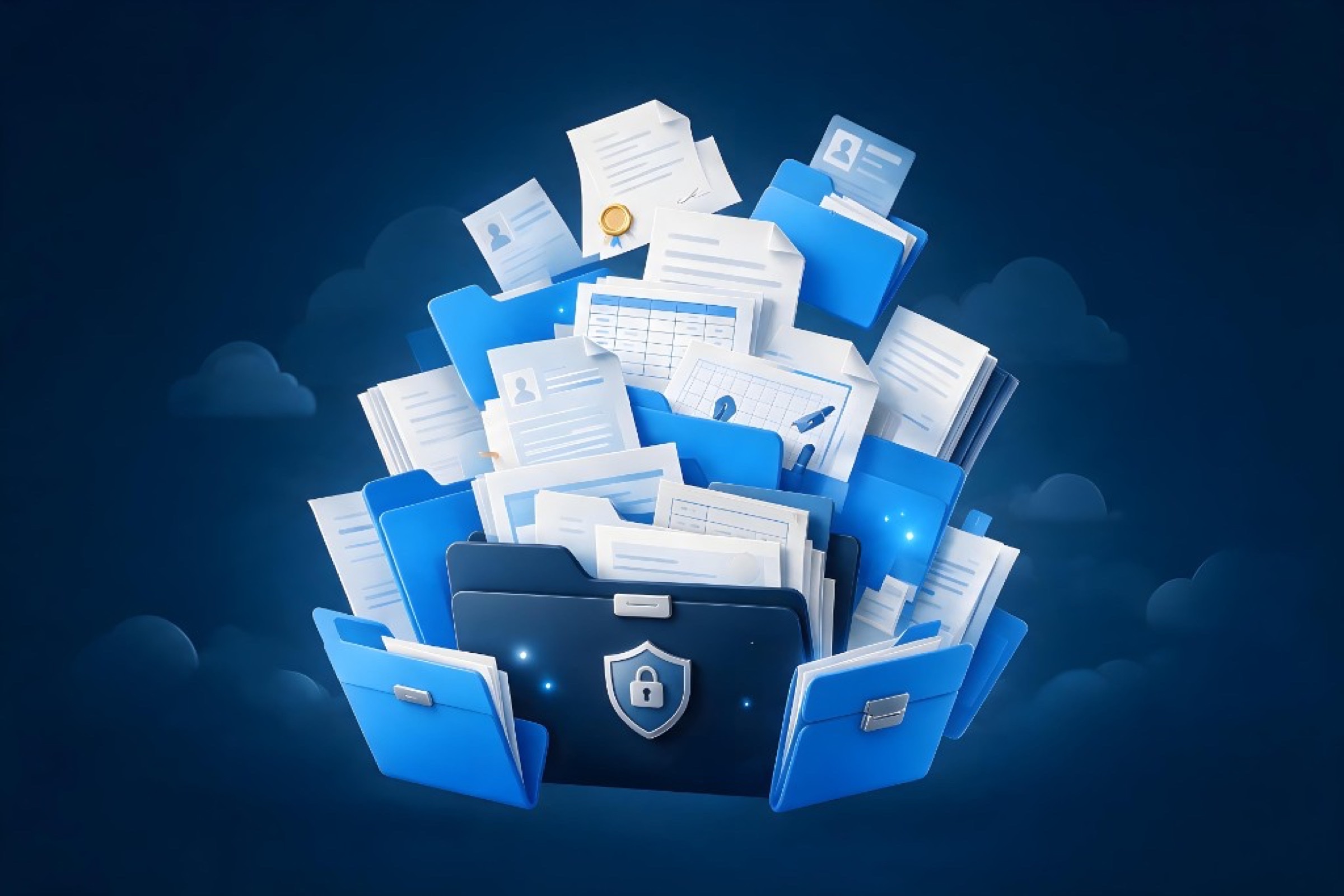 A stack of folders and important documents, with a lock on the front folder.
