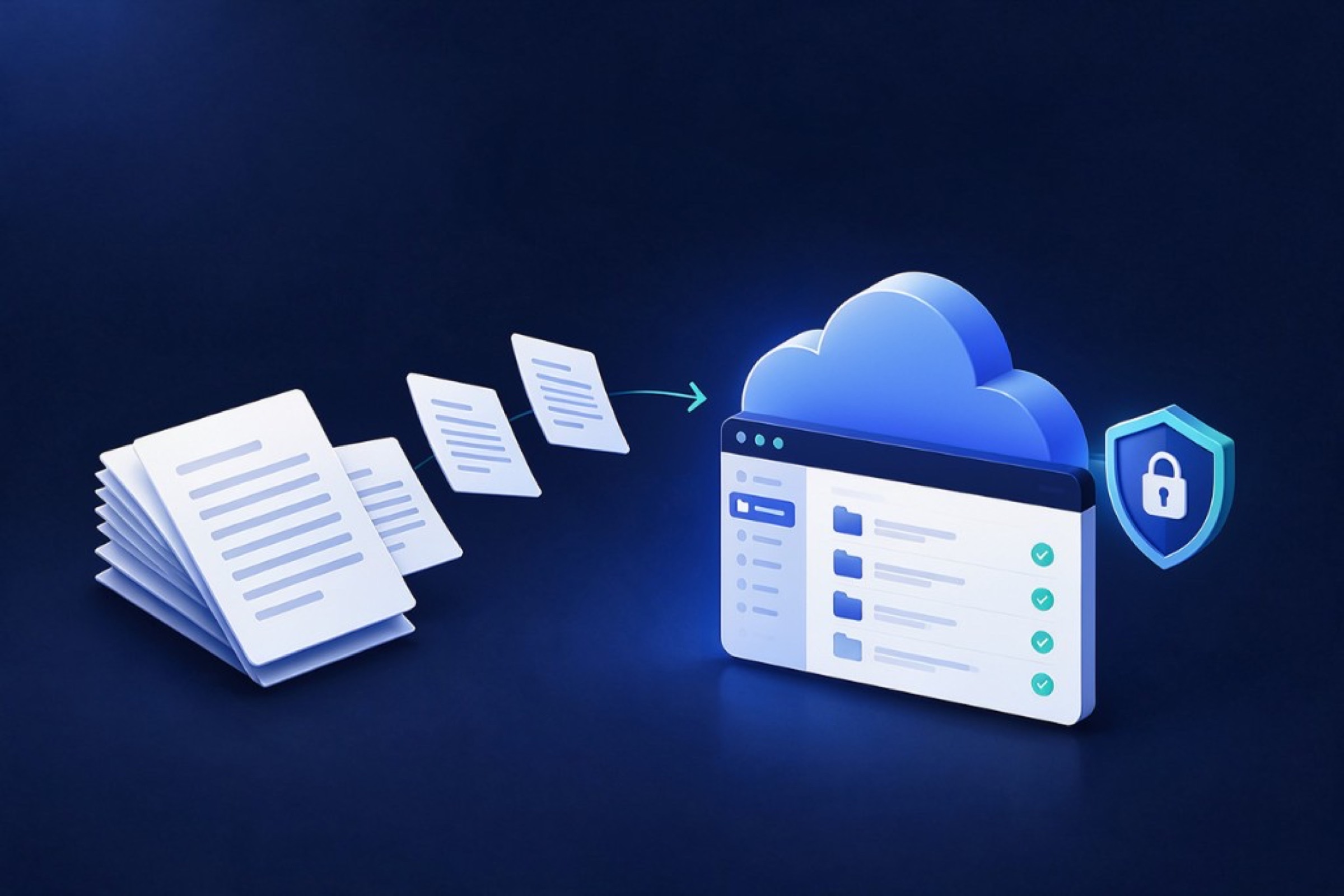 Documents moving from a paper stack into a secure cloud window, with a lock on a shield.