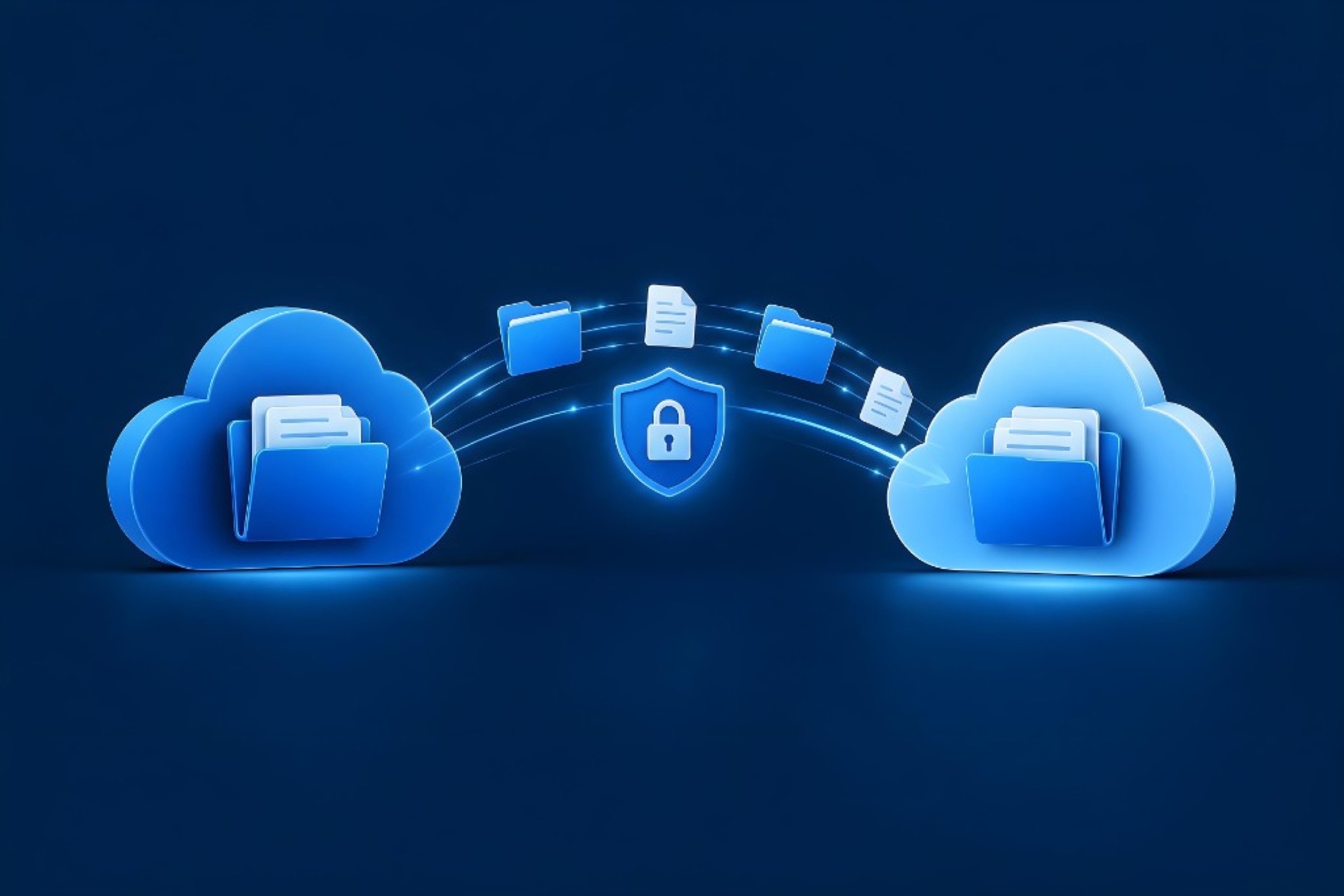 Files and folders moving between two blue clouds, with a lock on a shield between them.
