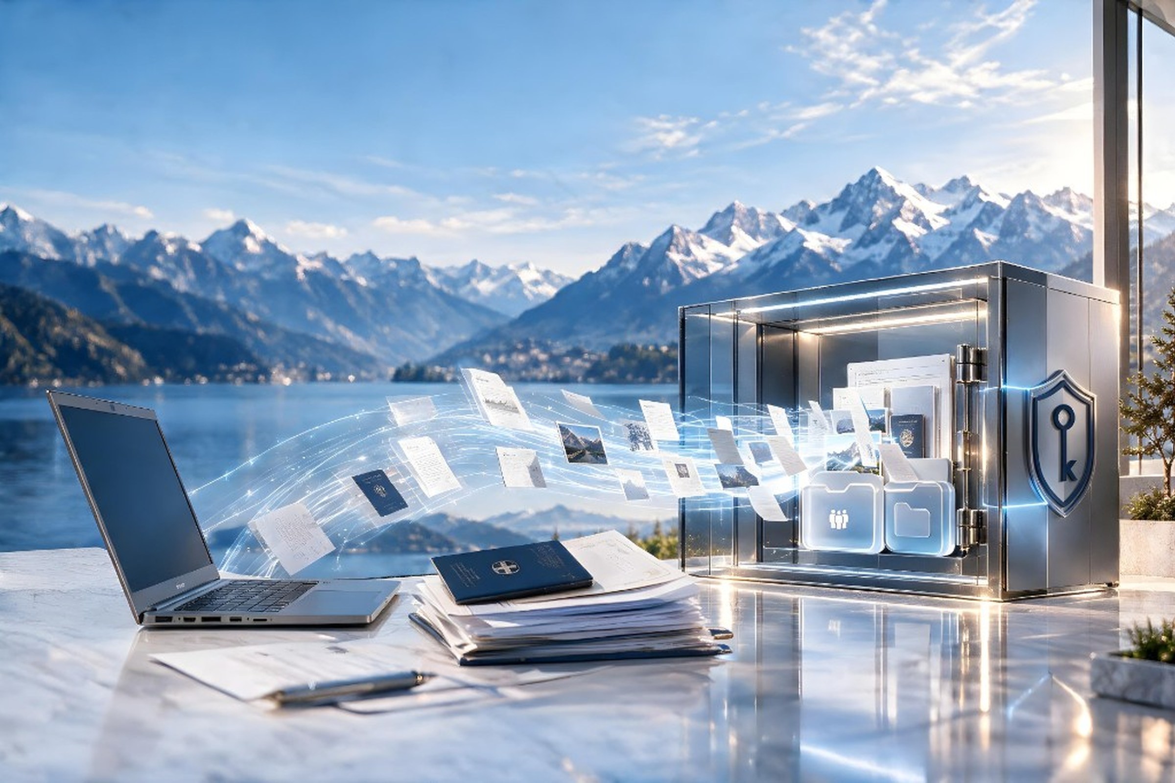 A glass vault on a desk beside a lake, with documents flowing into it and a shield on the door.